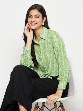 Madame Geometric Print Tie Front Green Shirt Classic Fit Comfort-First