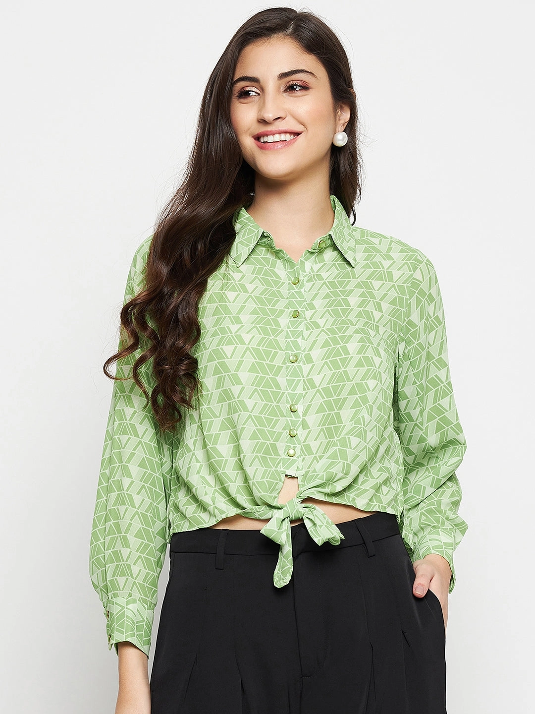 Gym Appropriate Anti Static Treatment Madame Geometric Print Tie Front Green Shirt