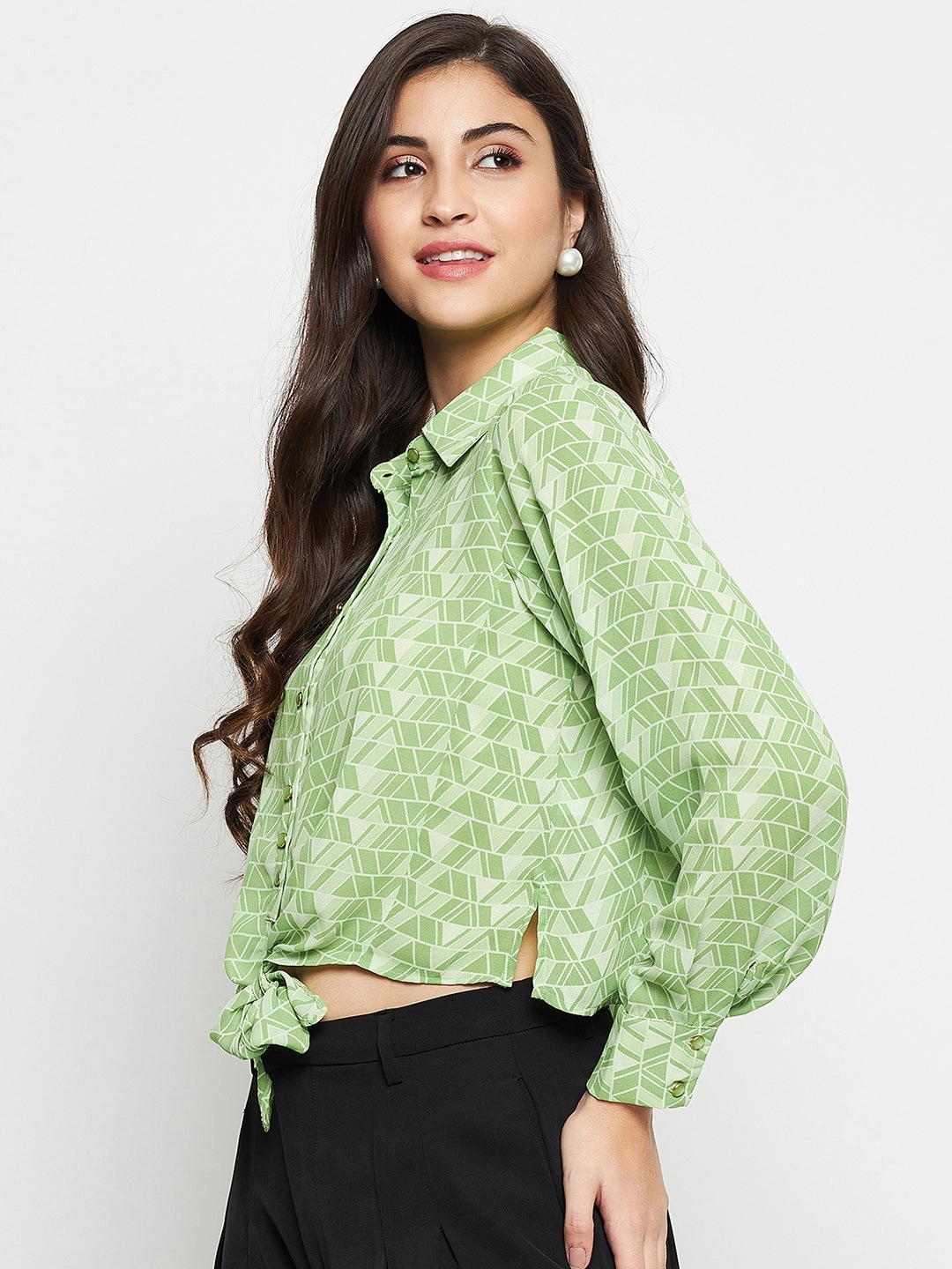 Polished Placket Polished Finish Madame Geometric Print Tie Front Green Shirt