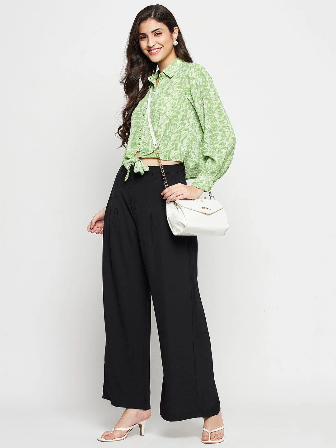 Quick Release Placket Gradient effect Madame Geometric Print Tie Front Green Shirt
