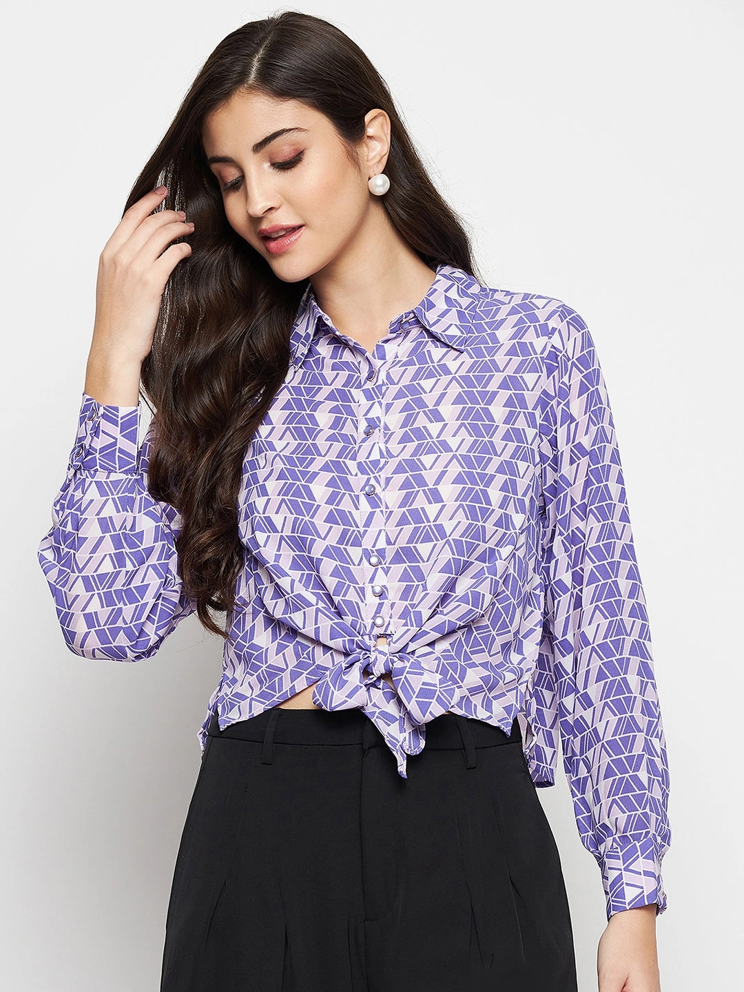 Chilly Weather Wear Anti Static Fabric Madame Geometric Print Tie Front Purple Shirt