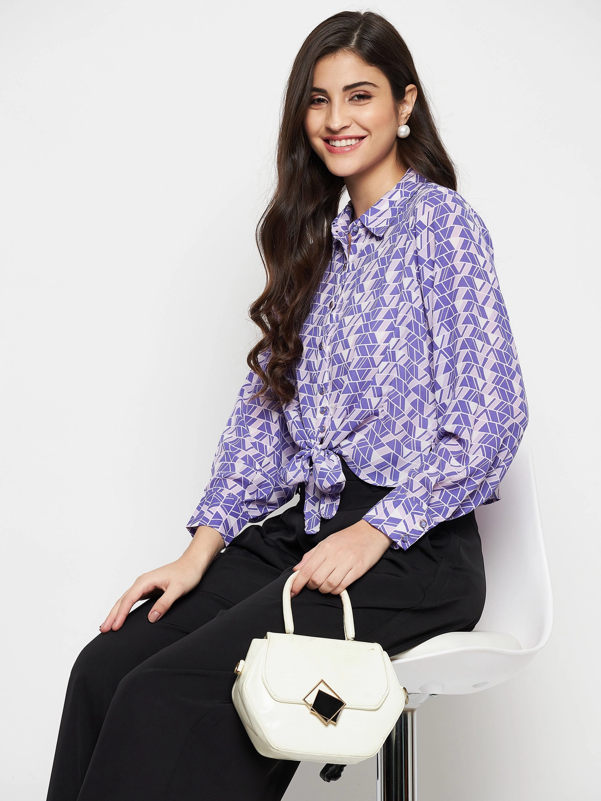 Non Static Finish Madame Geometric Print Tie Front Purple Shirt
