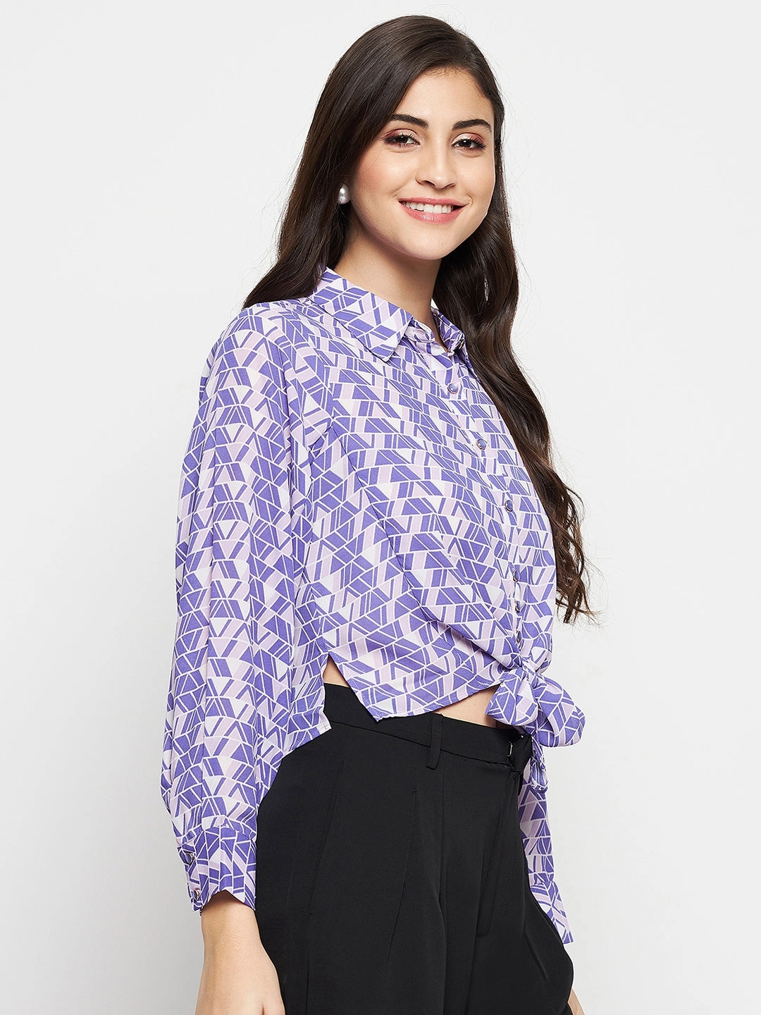 Non Iron Fabric Madame Geometric Print Tie Front Purple Shirt