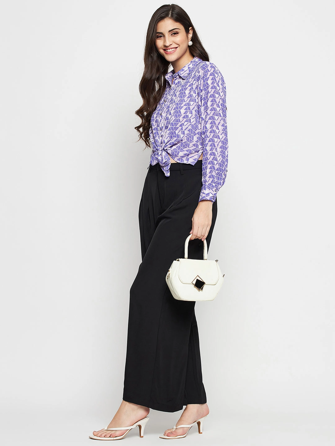 Twill Weave Madame Geometric Print Tie Front Purple Shirt
