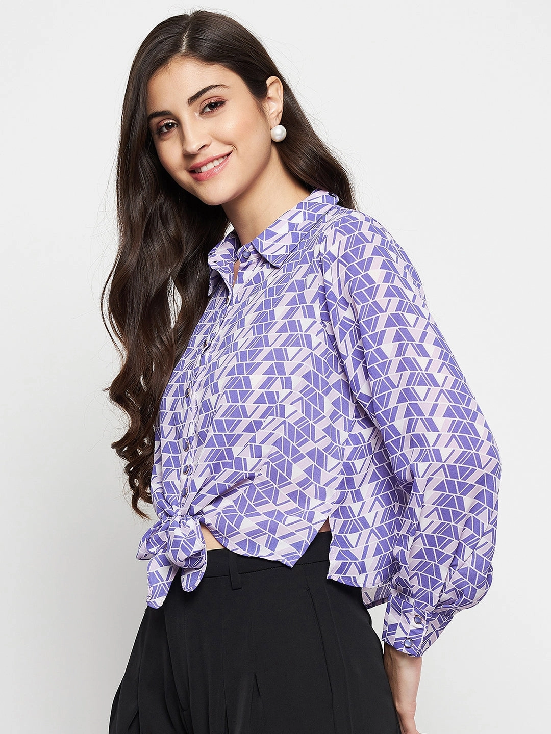 Soft Stretch Collar Madame Geometric Print Tie Front Purple Shirt