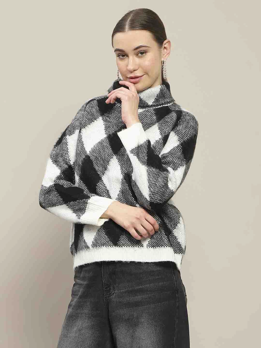 Madame Geometric Print Turtleneck Black Sweater Soft Warmth
