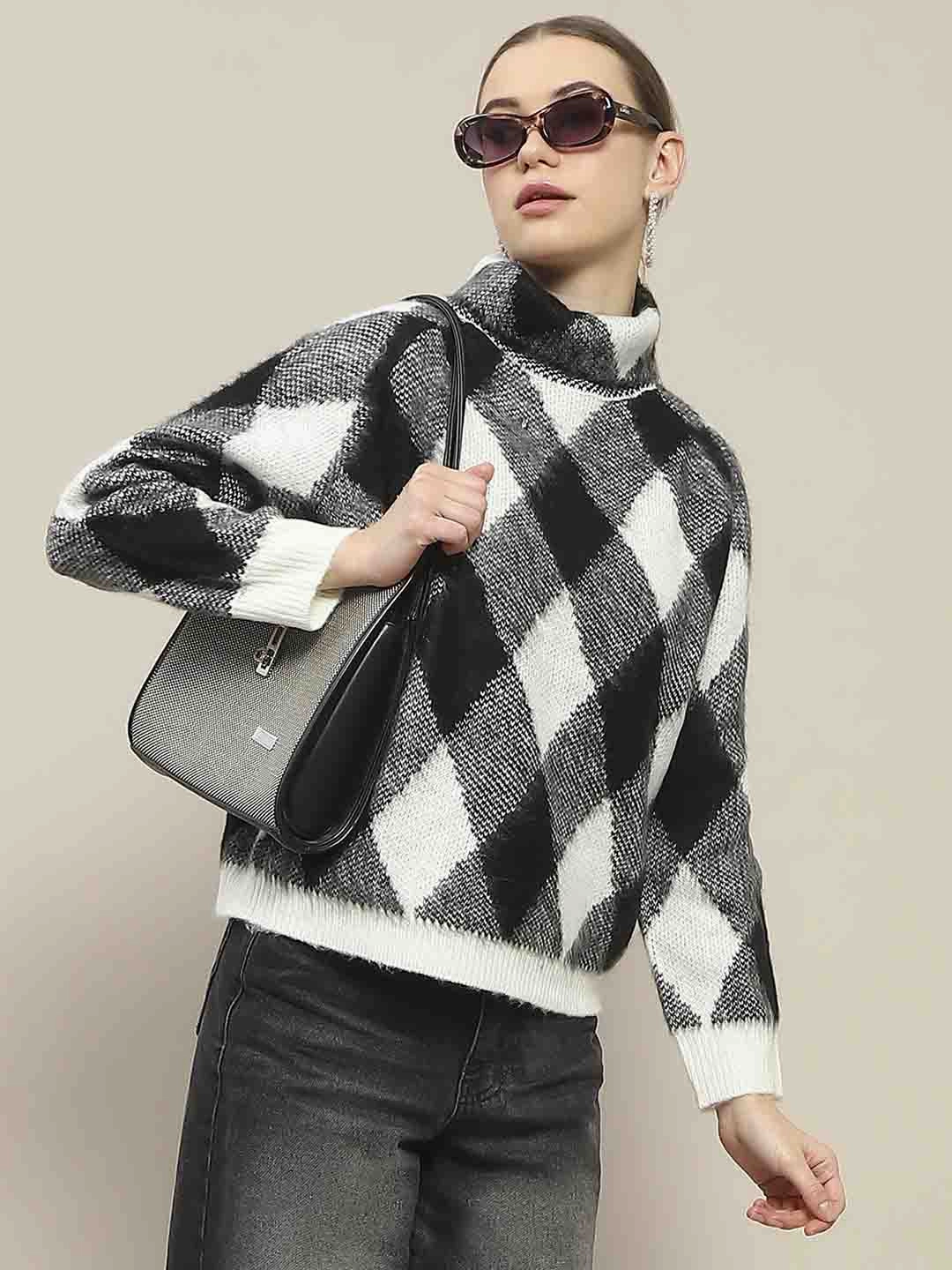 Cozy Knit Style Madame Geometric Print Turtleneck Black Sweater
