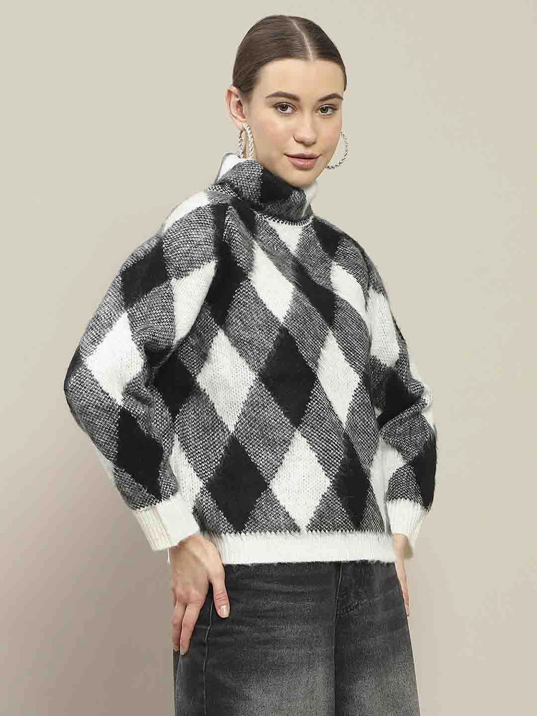 Madame Geometric Print Turtleneck Black Sweater Fade Resistant Textiles Low Maintenance Fabric