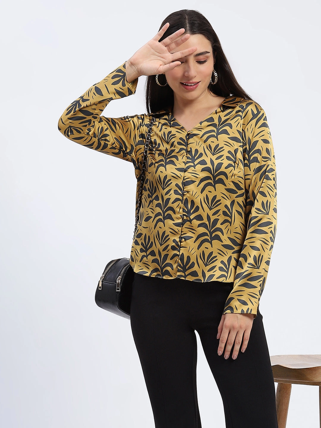 Madame Golden Leaf Print Shirt Street Chic Durable Buttons