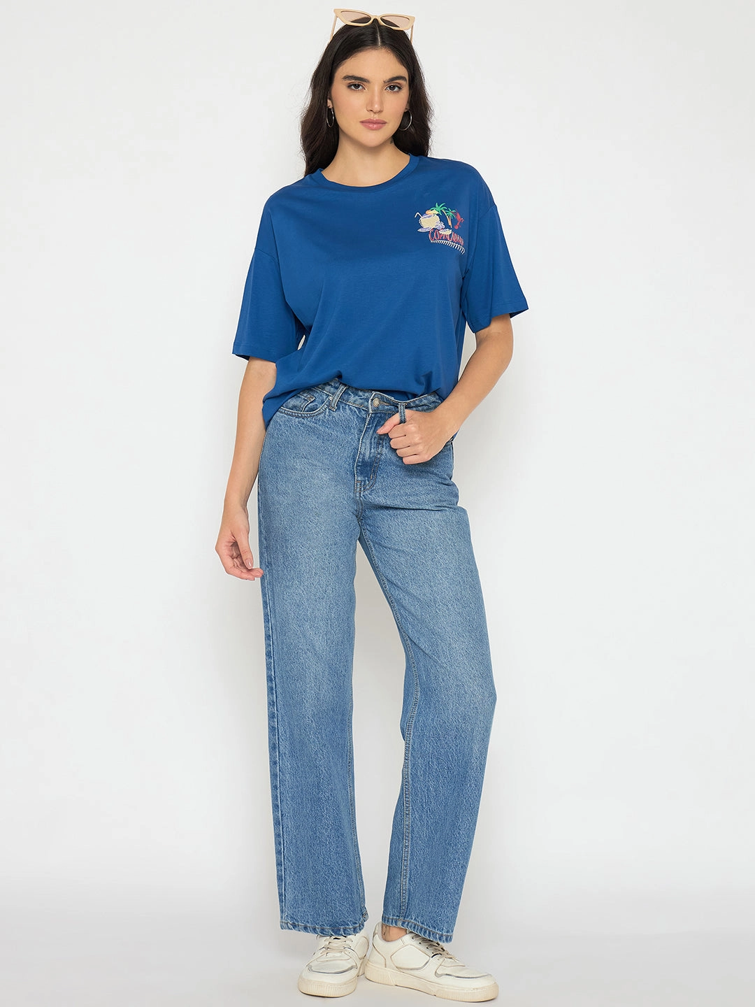 Chilly Day Essentials Madame Graphic Adorned Royal Blue Cotton T-Shirt