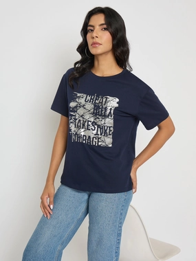 Madame Graphic And Typography Print Navy Blue Cotton T-Shirt Comfortable and Chic