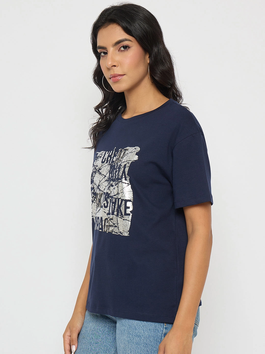 Breathable Wear Fit Sporty Appeal Madame Graphic And Typography Print Navy Blue Cotton T-Shirt