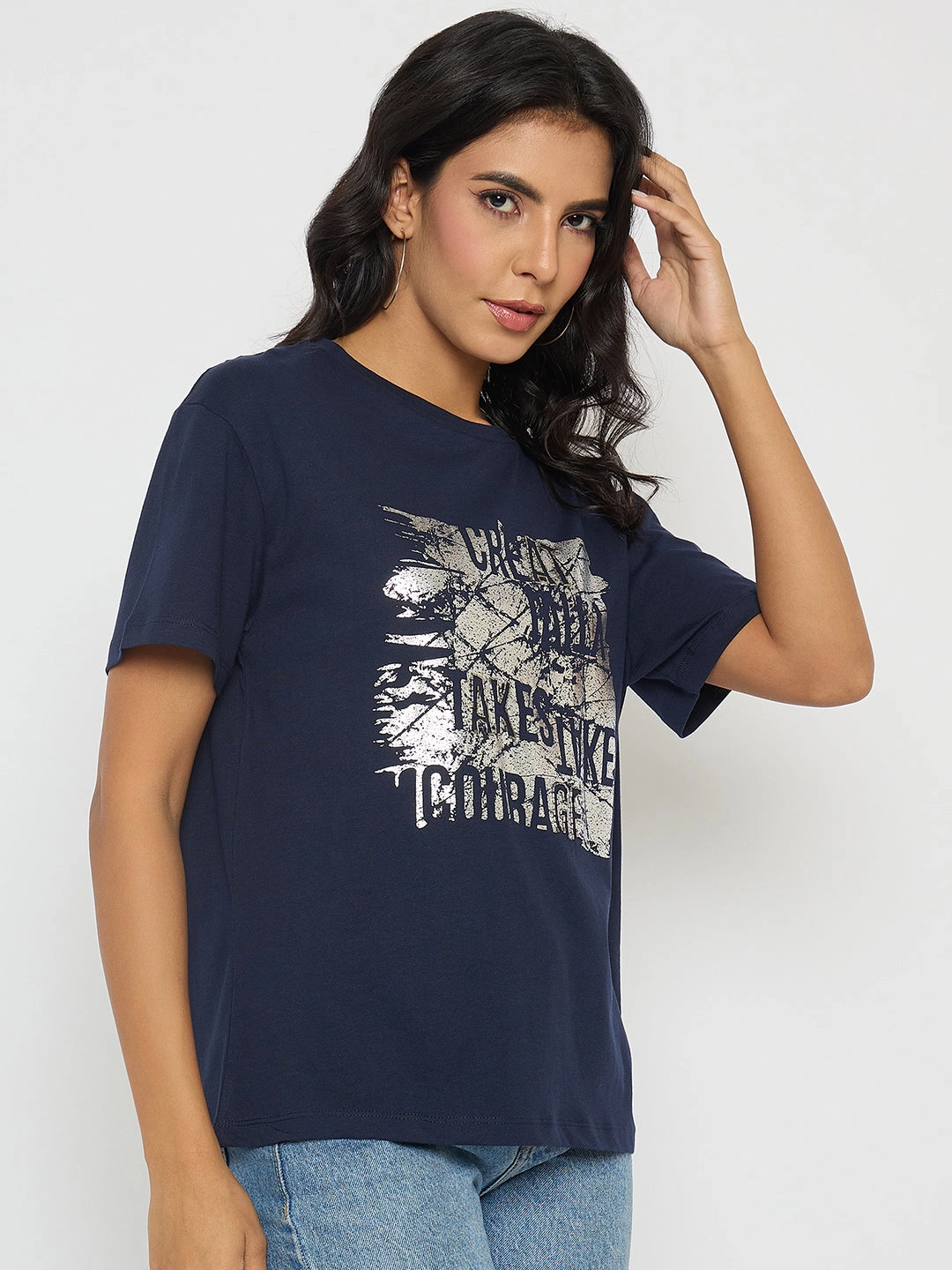 easygoing look Madame Graphic And Typography Print Navy Blue Cotton T-Shirt