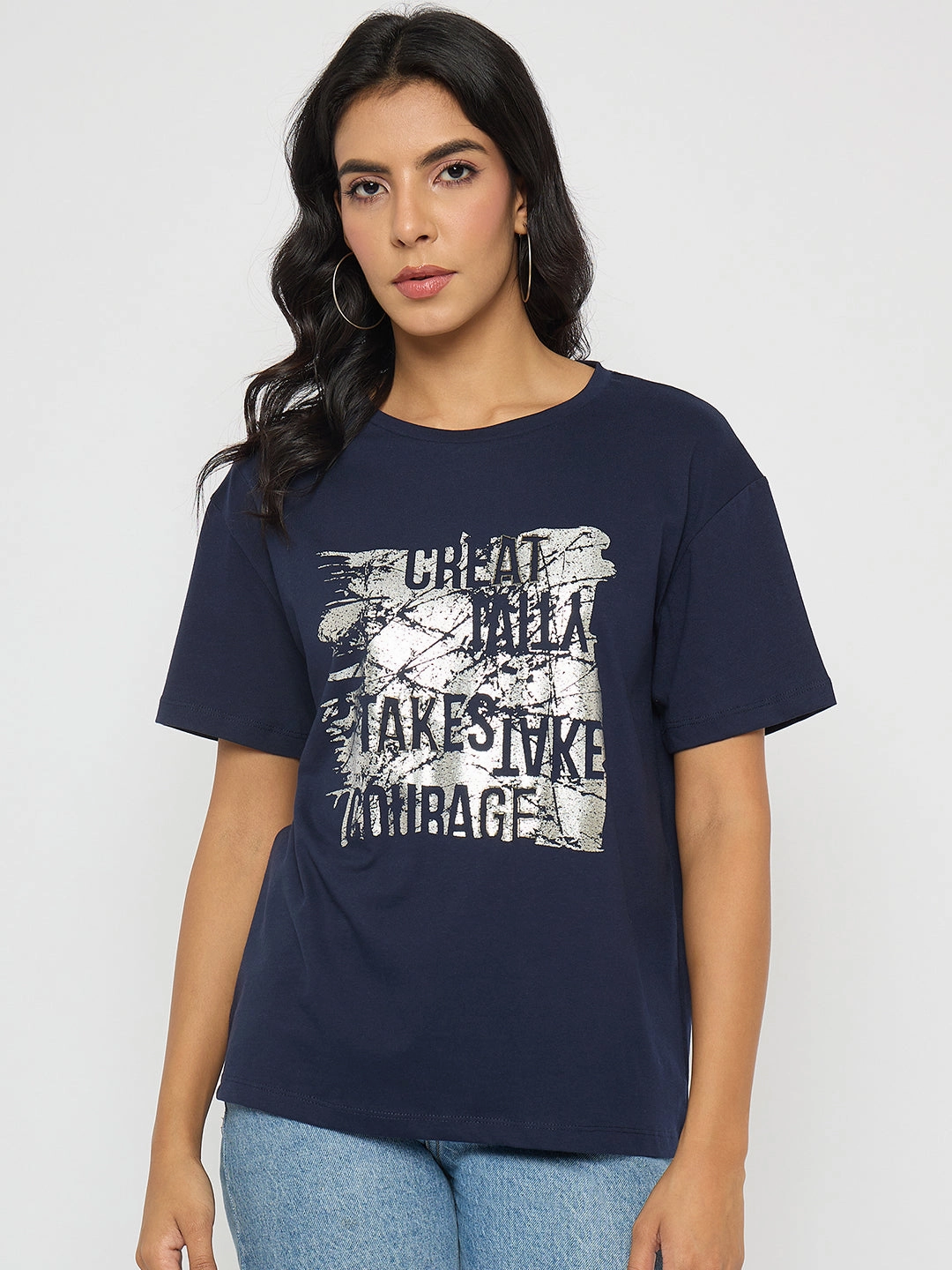 Madame Graphic And Typography Print Navy Blue Cotton T-Shirt comfortable top Casual Design Fit