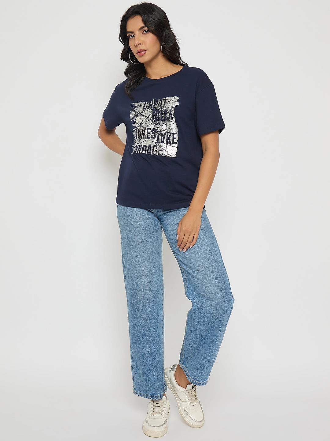 Minimal Look Quality Layer Madame Graphic And Typography Print Navy Blue Cotton T-Shirt