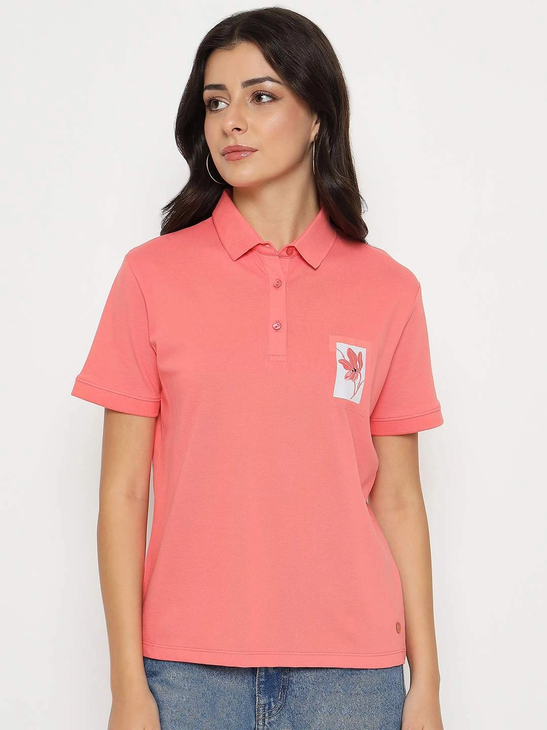 Scoop neck Madame Graphic Print Adorned Cotton Blend Coral Polo T-shirt