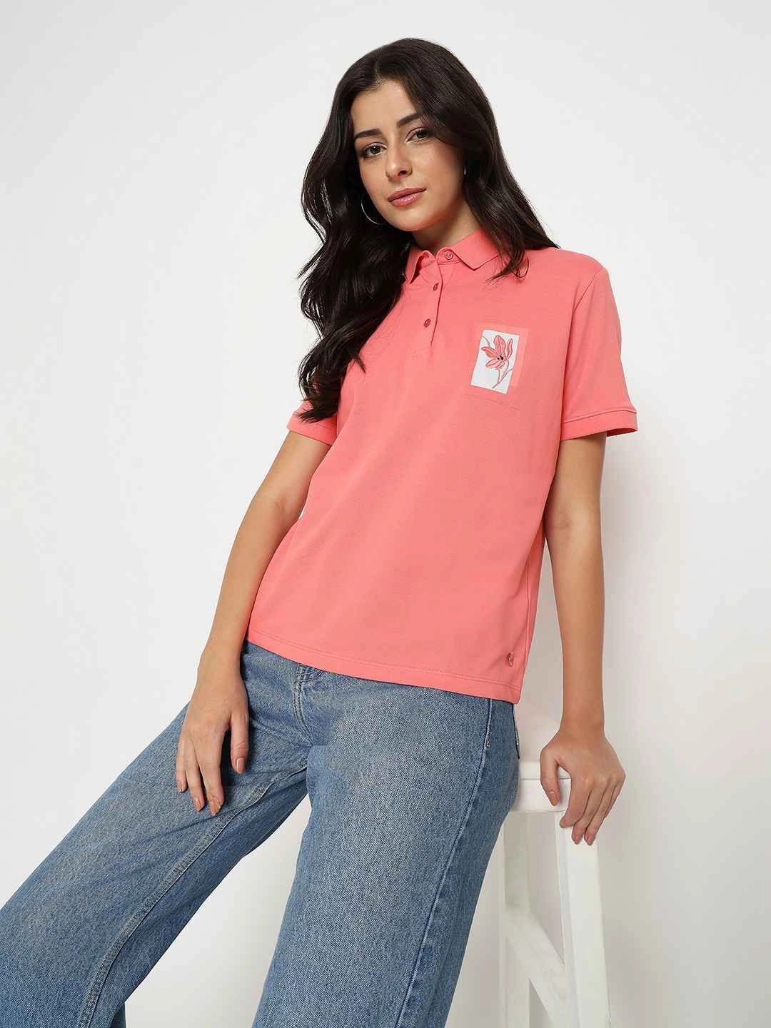 Madame Graphic Print Adorned Cotton Blend Coral Polo T-shirt Smart Comfort Neutral Color