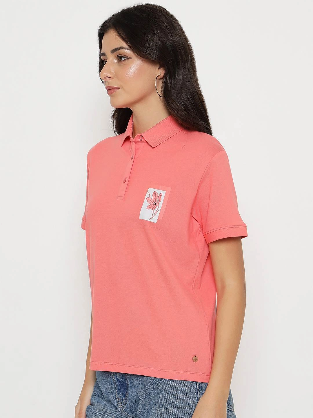 Madame Graphic Print Adorned Cotton Blend Coral Polo T-shirt Lightweight Look Casual Chic