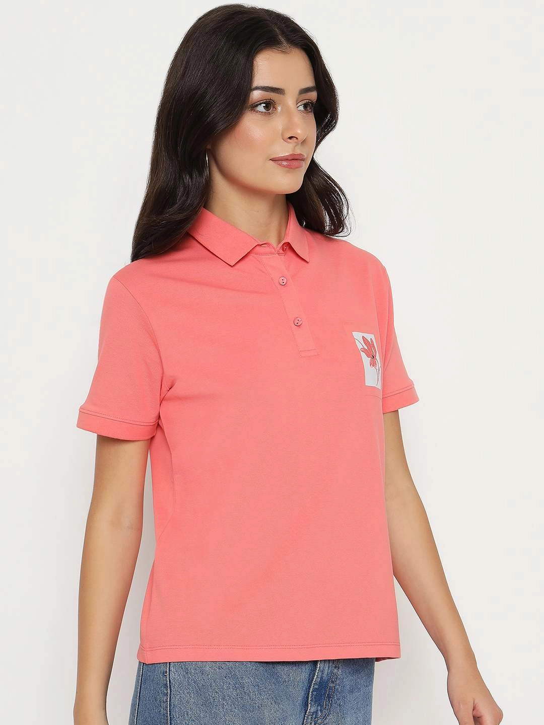 Minimalist Wear V neck elegance Madame Graphic Print Adorned Cotton Blend Coral Polo T-shirt