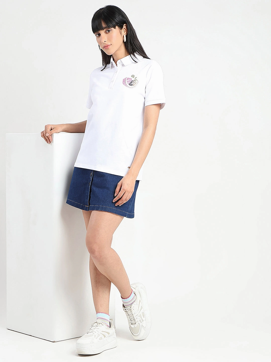 Madame Graphic Print Adorned Cotton Blend White Polo T-shirt Versatile Top