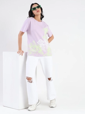Madame Graphic Print Cord Detailed Lilac Sinker T-Shirt Relaxed Armhole Cut