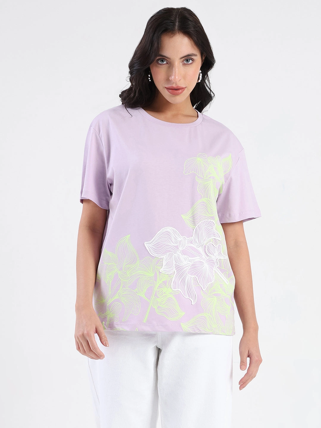 All-Day Comfort Wear Madame Graphic Print Cord Detailed Lilac Sinker T-Shirt