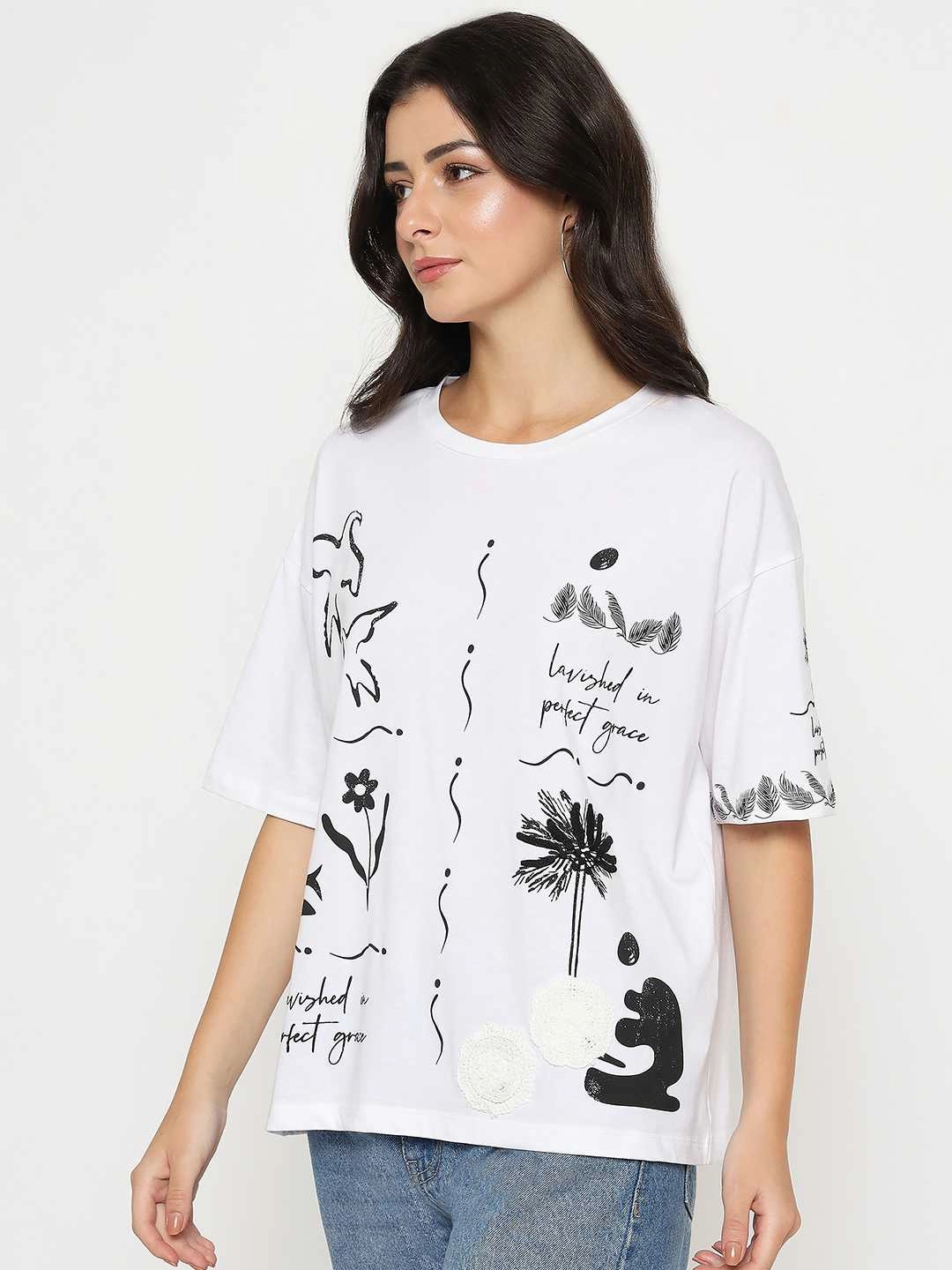 Madame Graphic Print Cotton White T-shirt Lightweight Look Seam Free Edging