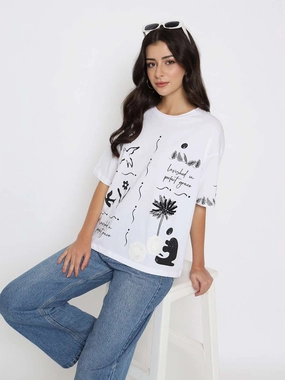 No-Shrink Fabric Madame Graphic Print Cotton White T-shirt
