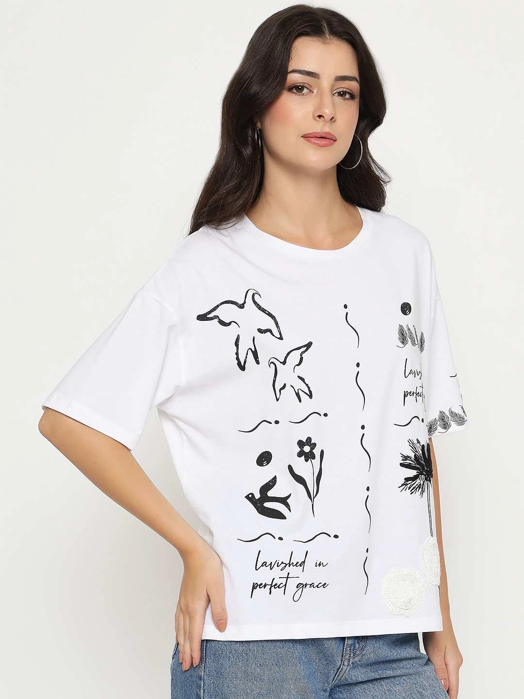 Madame Graphic Print Cotton White T-shirt Soft and Stretchy