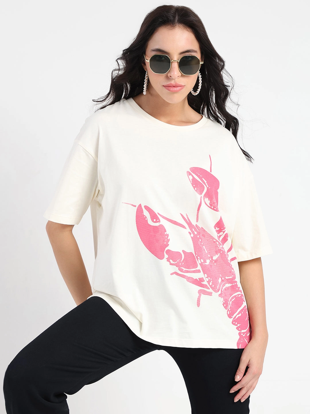 Madame Graphic Print Half Sleeve Off White Cotton T-shirt Yoga class