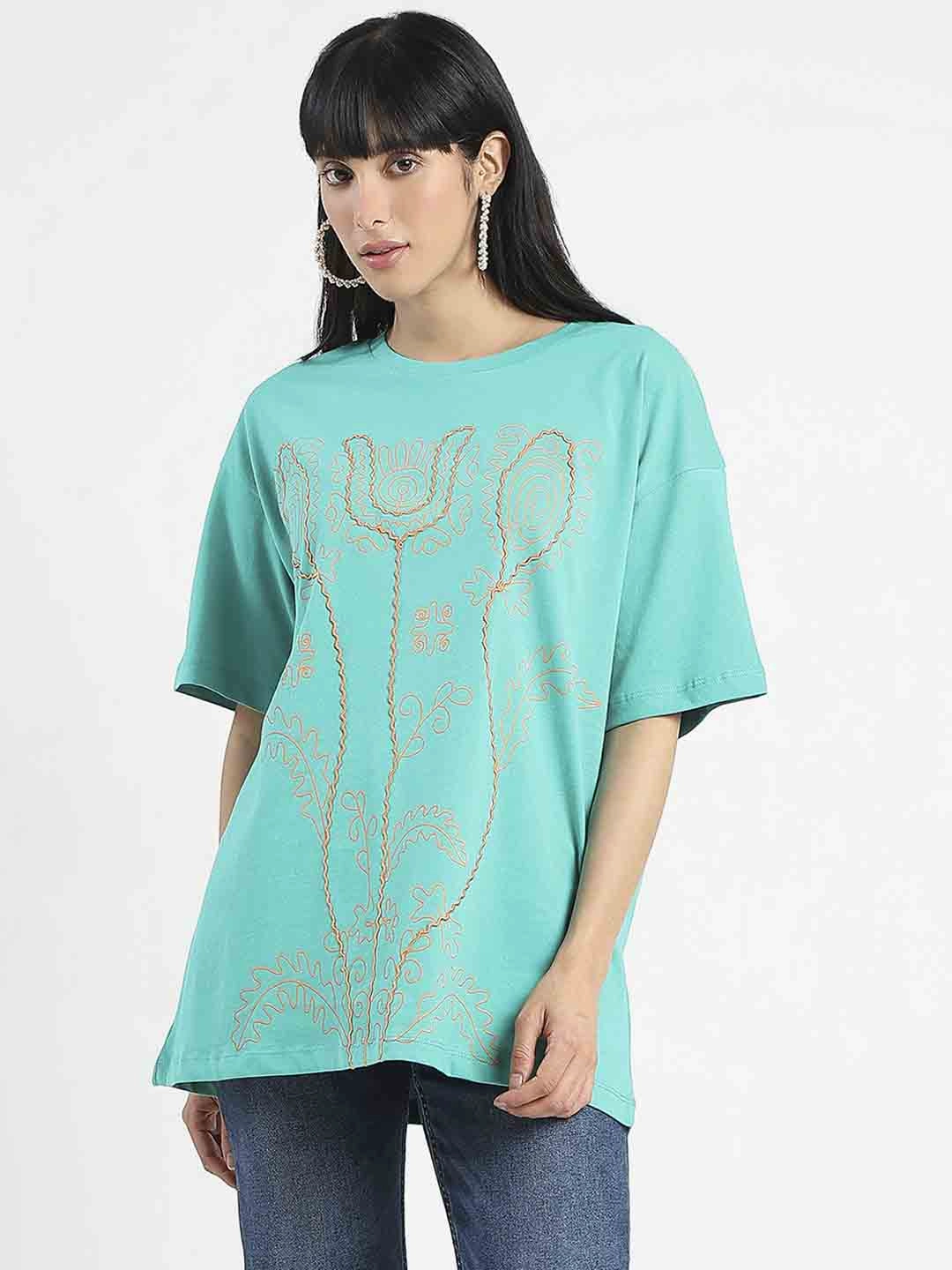 Madame Graphic Print Half Sleeve Peacock Green Cotton T-Shirt Animal print wildness Street Comfort