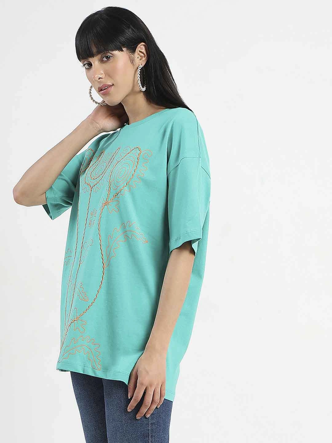Wrinkle-Free Madame Graphic Print Half Sleeve Peacock Green Cotton T-Shirt