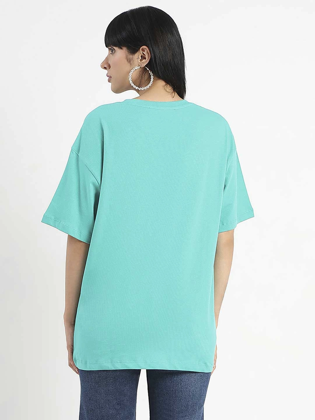 Classic Wearable Vintage Wash Madame Graphic Print Half Sleeve Peacock Green Cotton T-Shirt