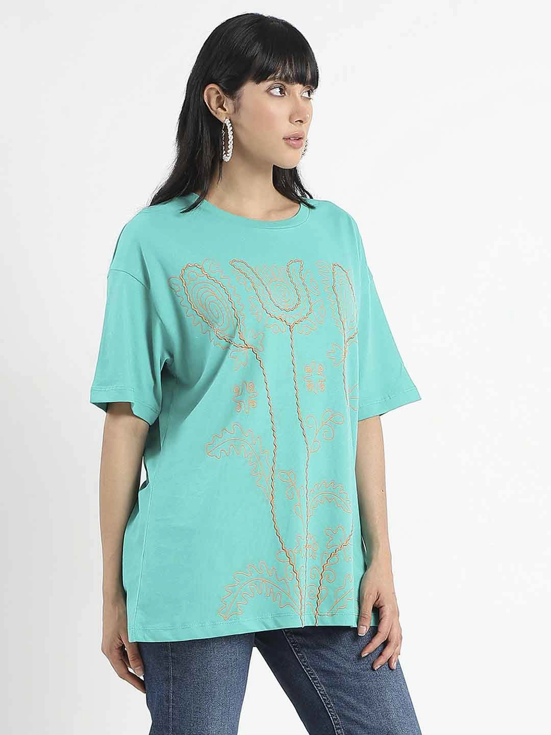 Easy Wear Madame Graphic Print Half Sleeve Peacock Green Cotton T-Shirt