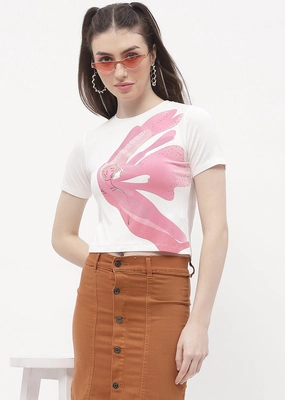 Flatlock stitching Street Trendy Madame Graphic Print Off-White Ribbed T-Shirt