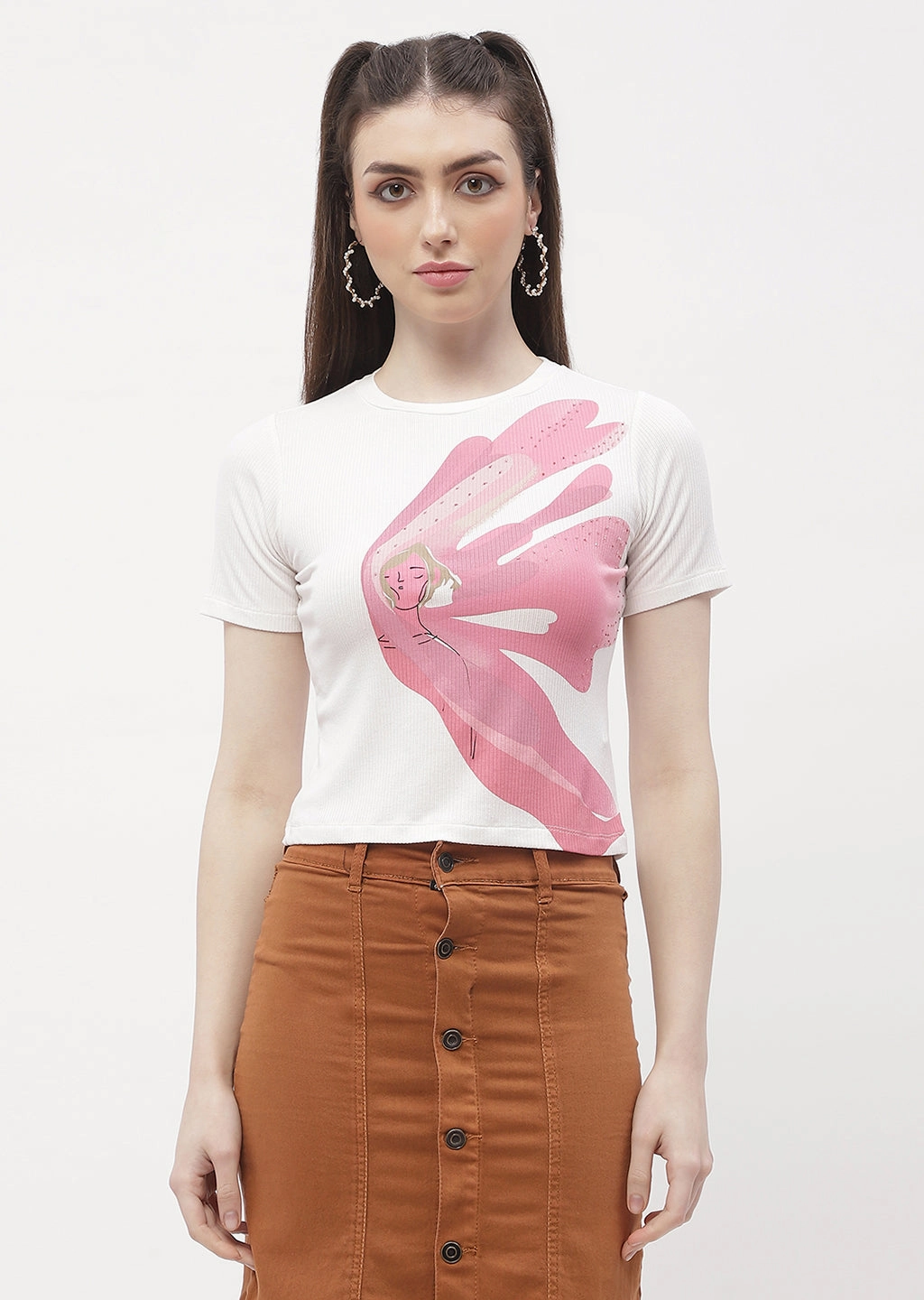 Madame Graphic Print Off-White Ribbed T-Shirt Comfy Layering Smooth Jersey Texture