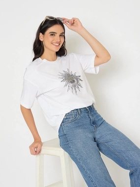 Madame Graphic Print White Cotton T-shirt Workout Gear