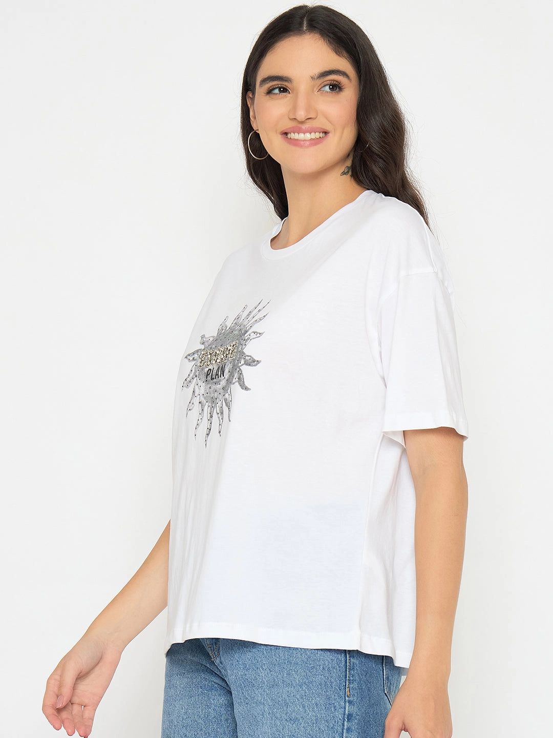 Bold and Comfortable Smart Comfort Madame Graphic Print White Cotton T-shirt
