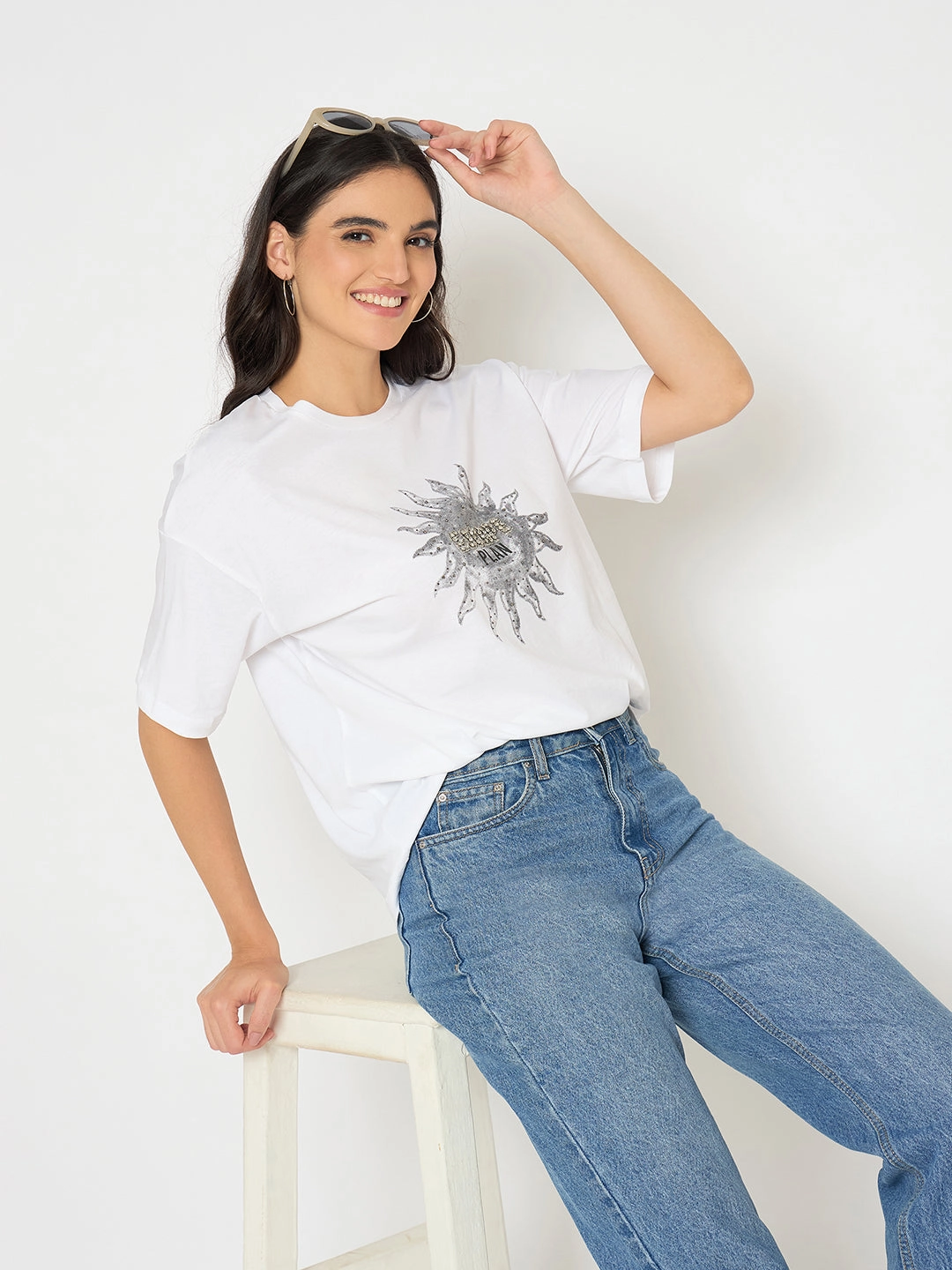 Madame Graphic Print White Cotton T-shirt Workout Gear