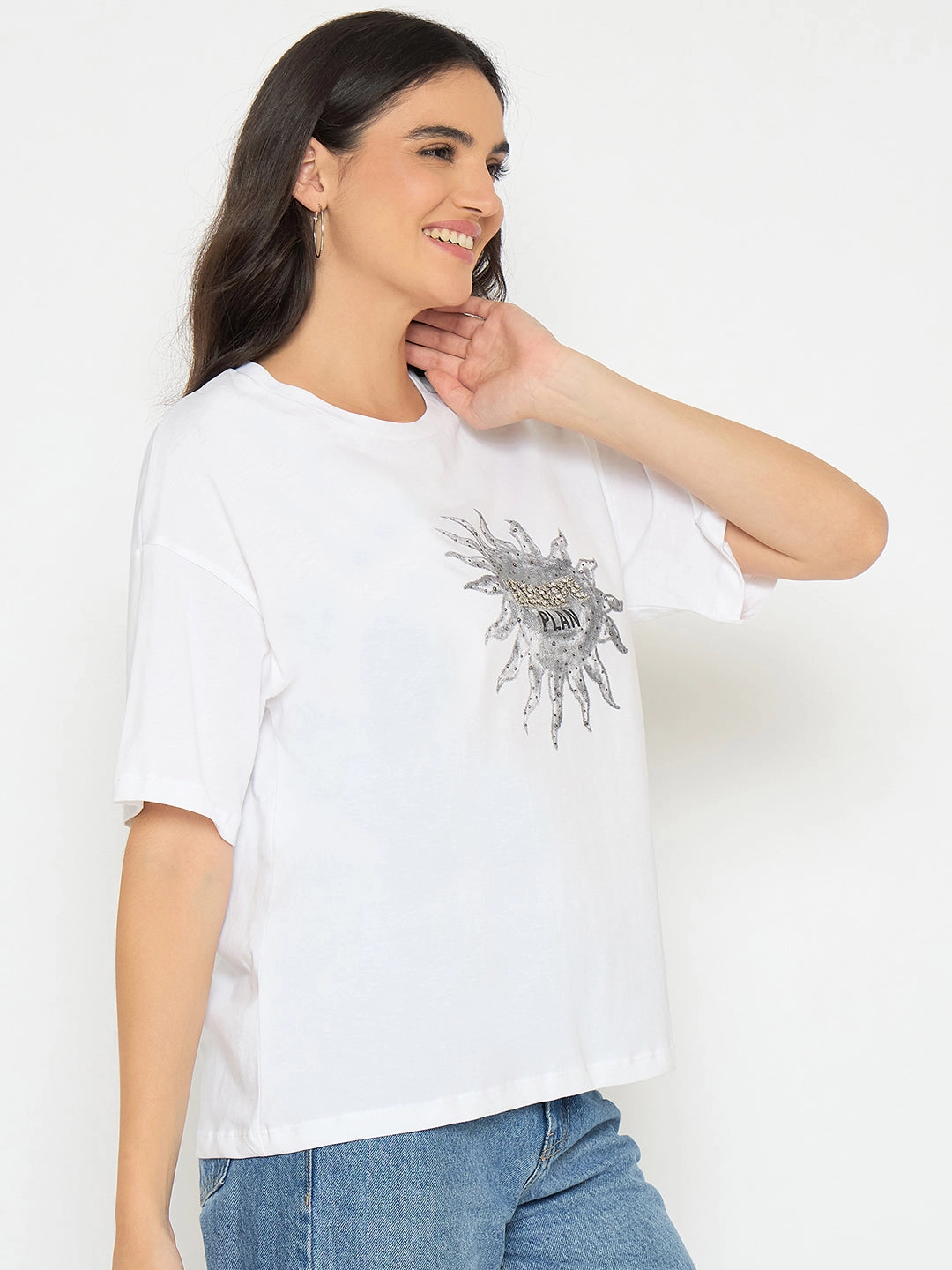 Madame Graphic Print White Cotton T-shirt Striped modernity Performance Wear