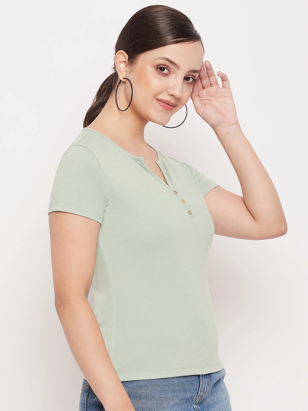 Madame Green Deep V Neck Fitted Cotton T-shirt Heathered Texture