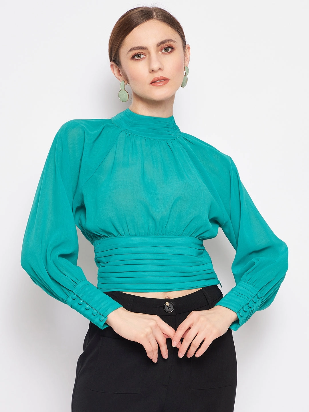 Four Way Stretch Thermal Regulation System Madame Green High-Neck Pleated Balloon Top