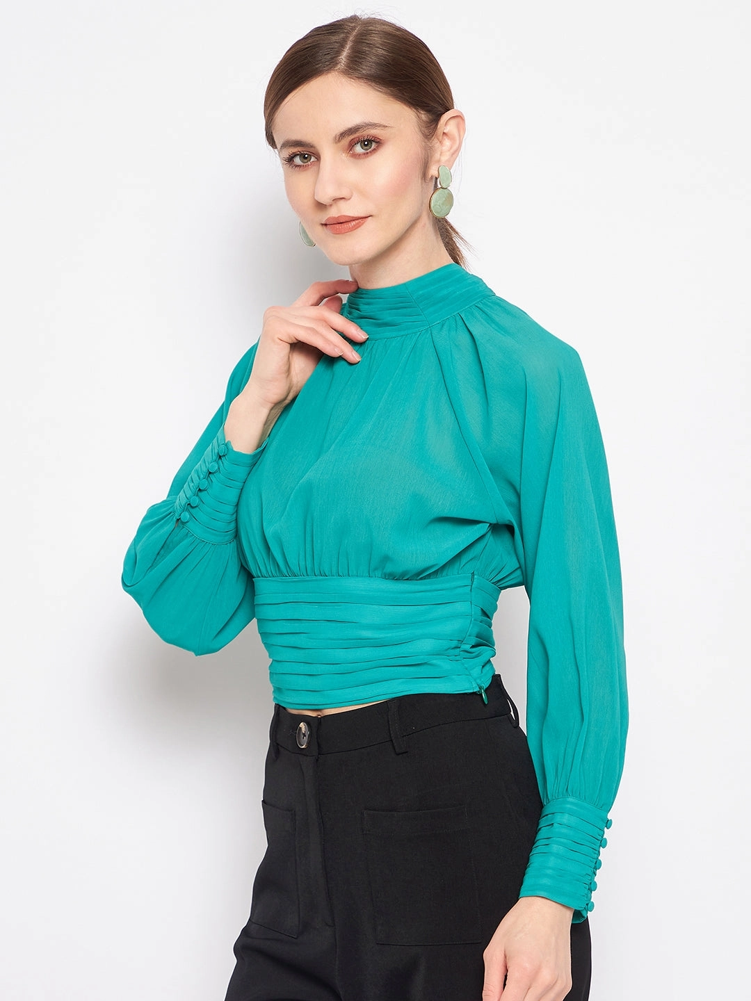 AntiStaticFinish Madame Green High-Neck Pleated Balloon Top