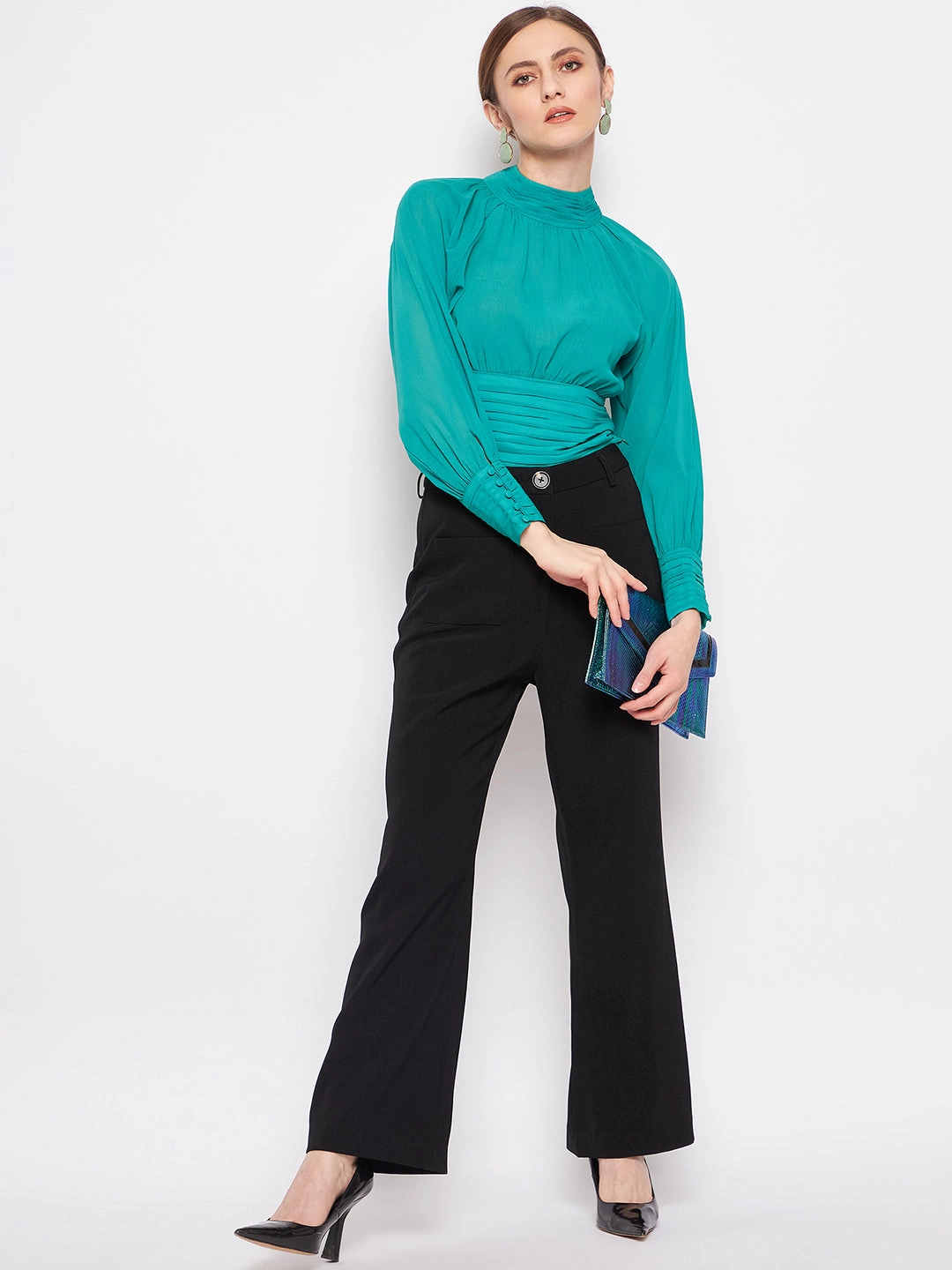 TemperatureRegulating Material Madame Green High-Neck Pleated Balloon Top