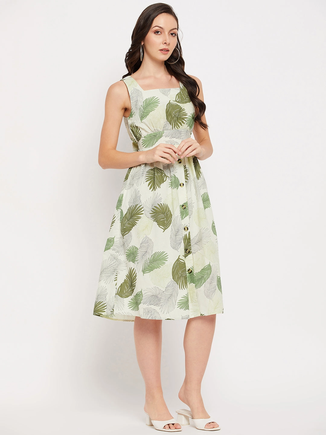Madame Green Printed Fit & Flare Dress Walkable Flow Formal Aura