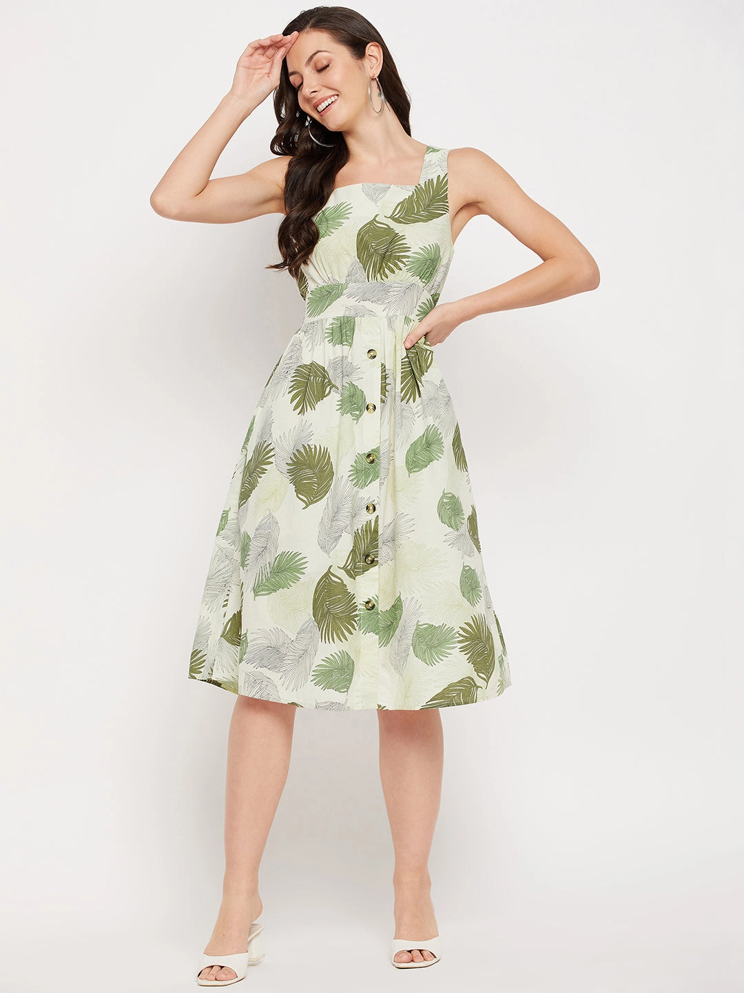 Lawn Soft Subtle Charm Madame Green Printed Fit & Flare Dress