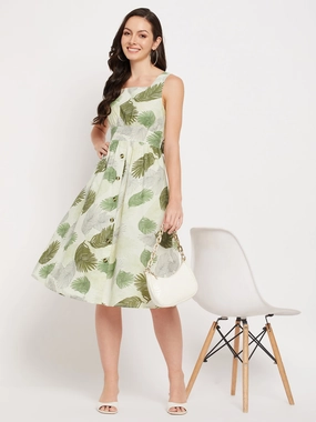Sheer Light Madame Green Printed Fit & Flare Dress