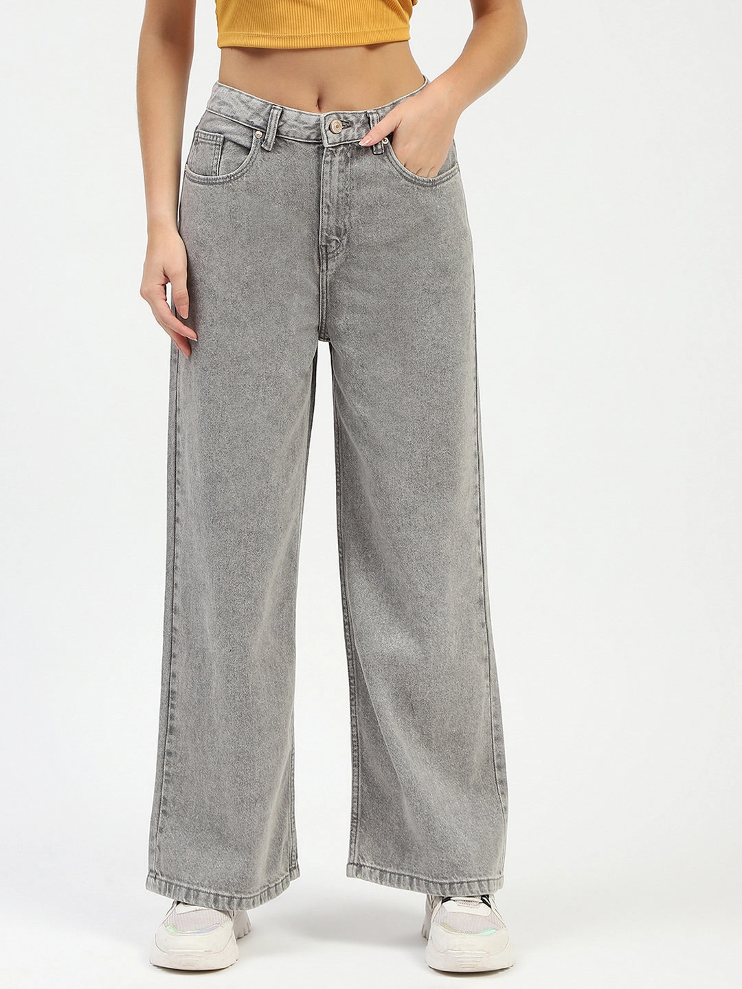 Fashion Lover Youth Style Smooth Shopping Day Street Fashion Textured Madame Grey Wide-Leg Jeans