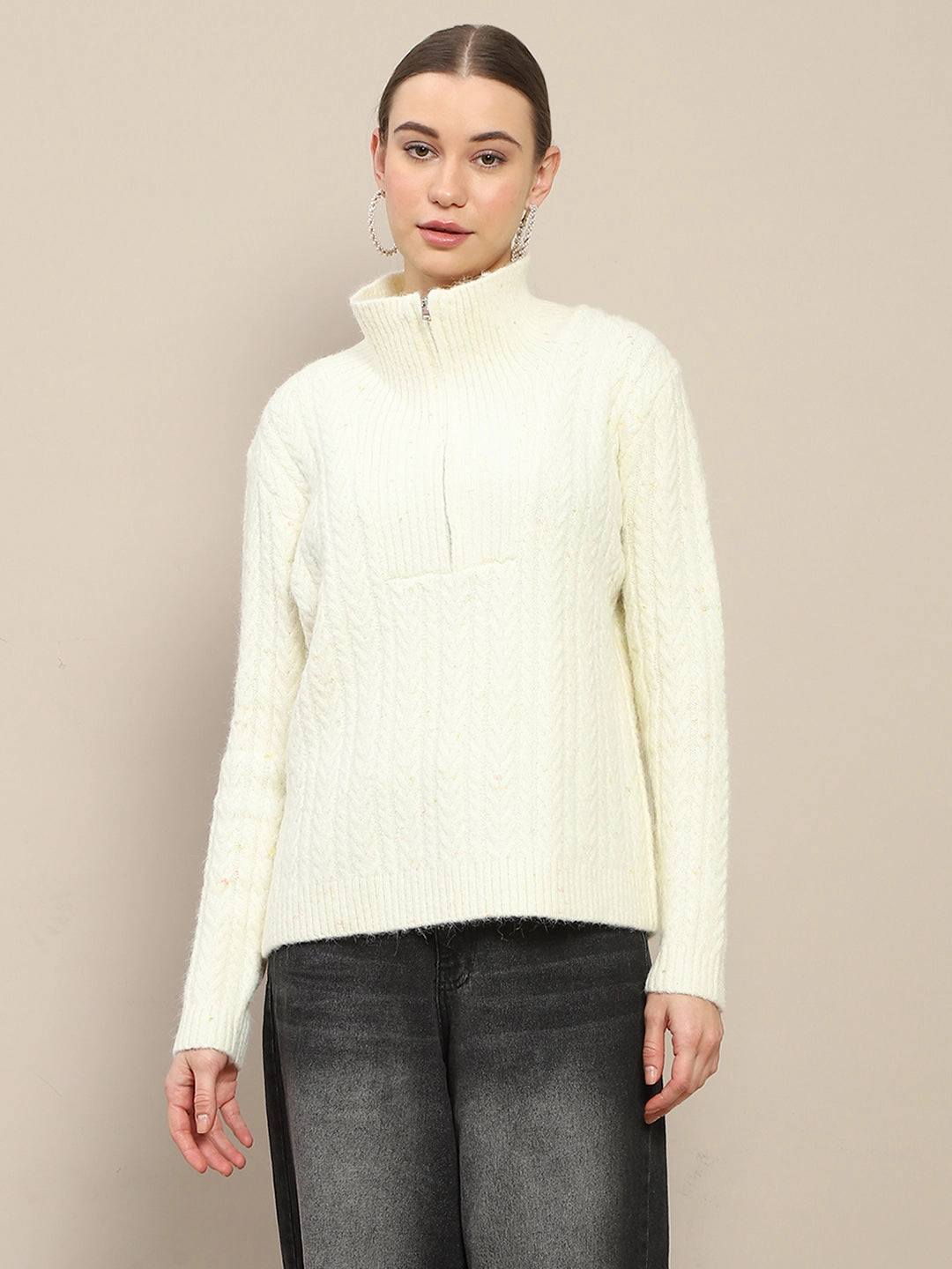 Madame Half Zipper Collared Off White Sweater Cozy Performance Wear Knitted Comfort