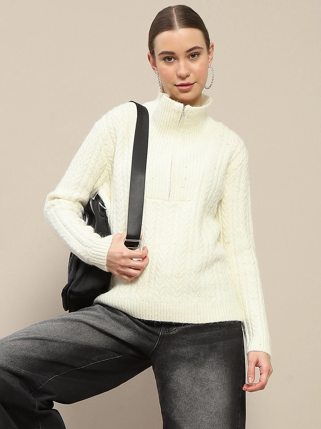 Madame Half Zipper Collared Off White Sweater Light Fit Design